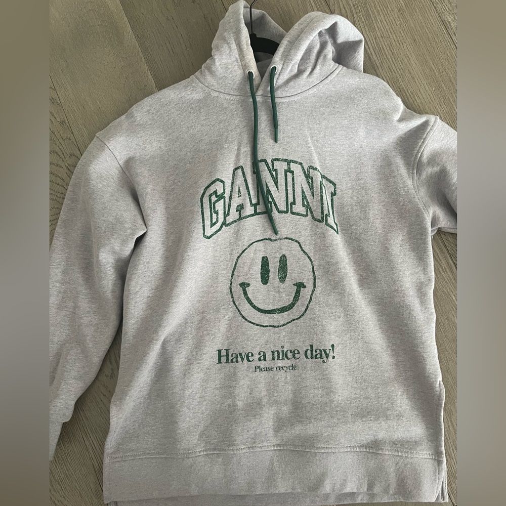Ganni weathered lilac Hoodie with Green Logo and Drawstrings xs